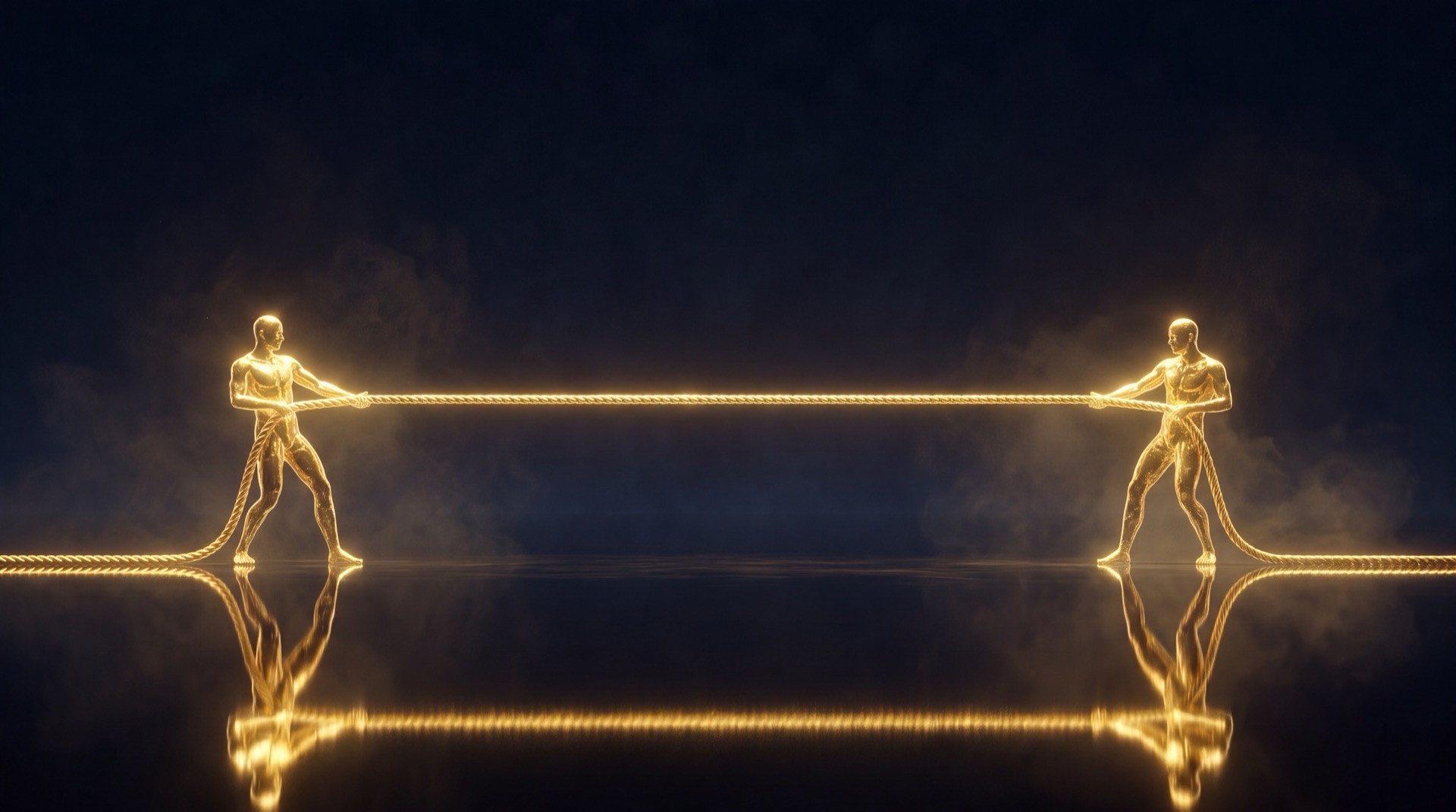 Two figures joined by a line of gold light — the visual metaphor for PBS and Czak settling transactions autonomously on-chain.